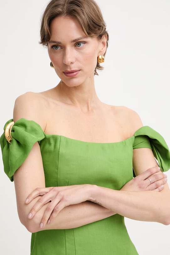 Elisabetta Franchi платье с острым вырезом со льном зелёный AB96862E2