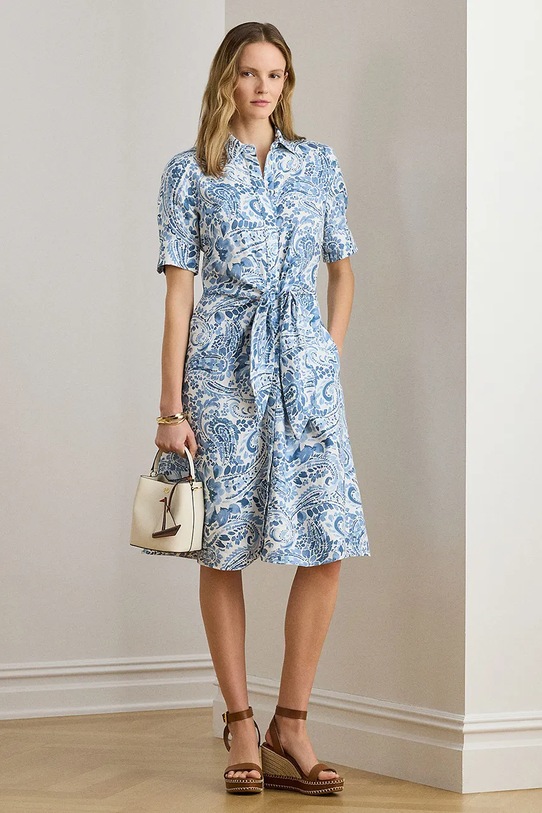 Lauren Ralph Lauren sukienka lniana trzy czwarte niebieski 200P08916