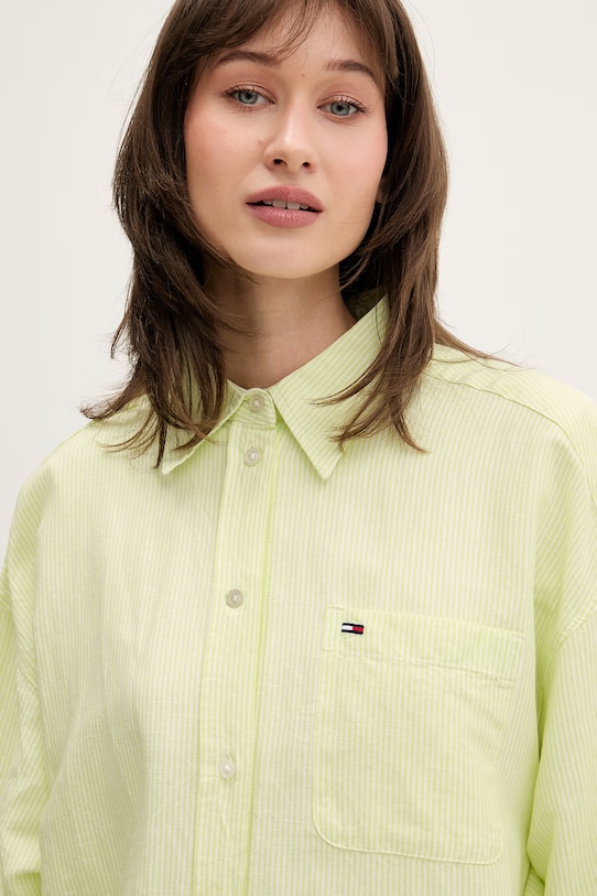 Tommy Jeans haljina u stilu košulje s lanom zelena DW0DW22344