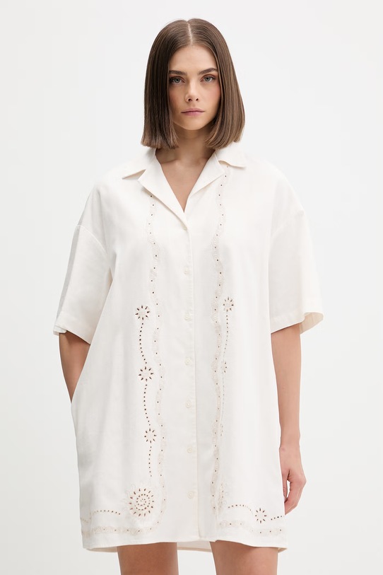 Tommy Jeans sukienka letnia z dodatkiem lnu beżowy DW0DW22350