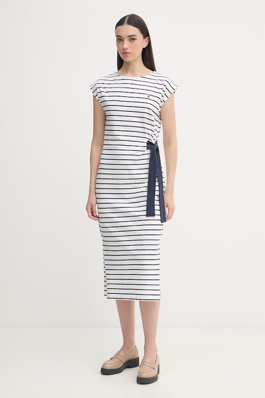 U.S. Polo Assn. φόρεμα βαμβακερό GROWN ON SLEEVE TIE-DETAIL STRIPE MIDI λευκό WUP2262