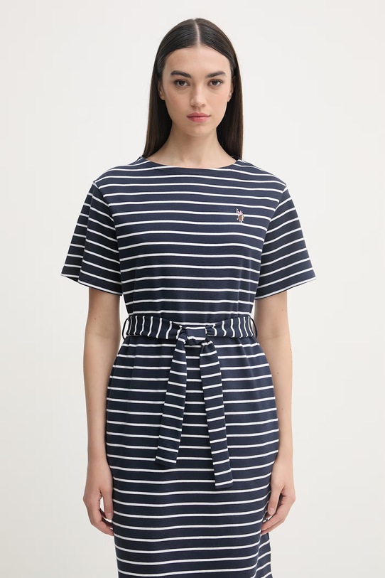 U.S. Polo Assn. sukienka bawełniana BOAT NECK BOXY SLEEVE STRIPE MIDI granatowy WUP2263
