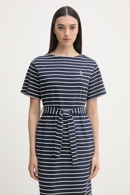 U.S. Polo Assn. bavlnené šaty BOAT NECK BOXY SLEEVE STRIPE MIDI tmavomodrá WUP2263