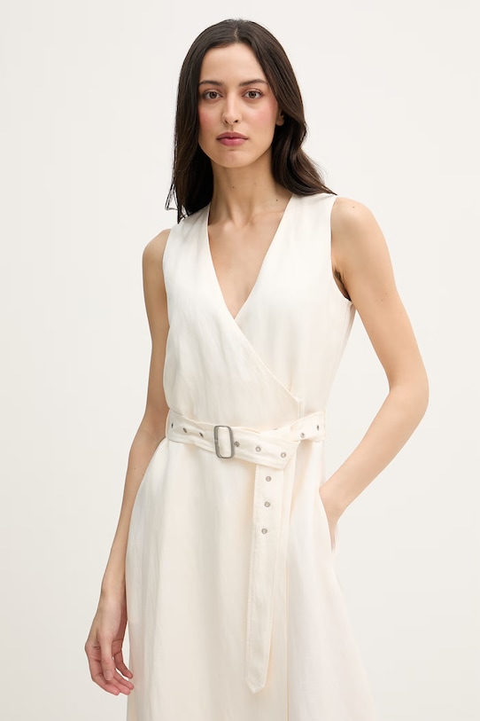 Tommy Hilfiger šaty se lnem béžová WW0WW48951