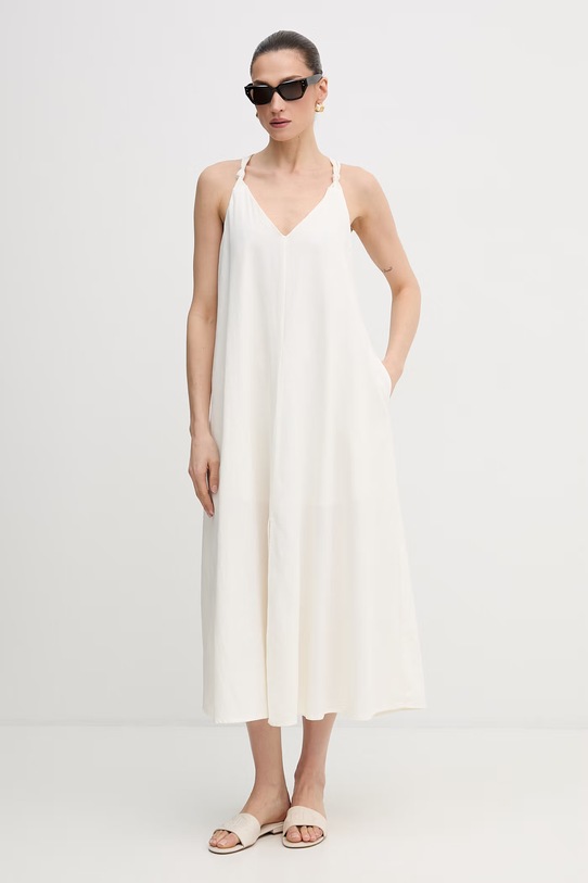 Dkny sukienka z dodatkiem lnu DJ6D9162 beżowy SS26