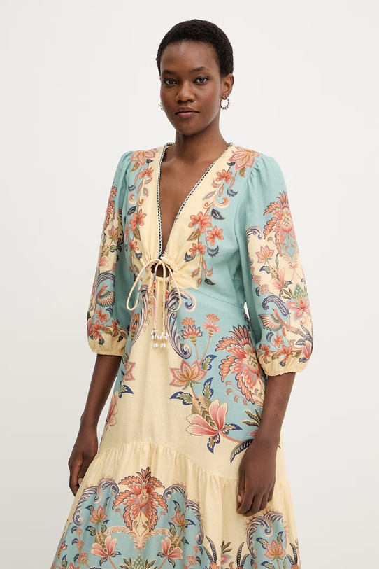 Φόρεμα από λινό Farm Rio τιρκουάζ 351310