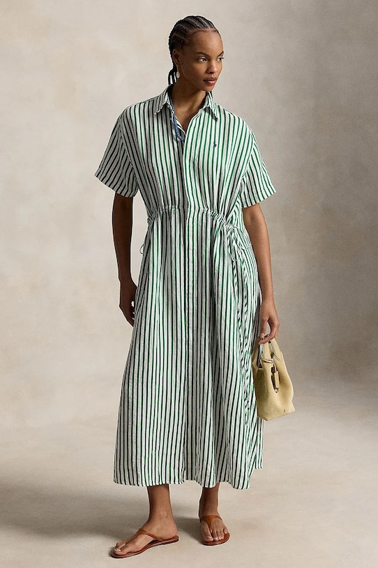 Polo Ralph Lauren košilové šaty se lnem zelená 211A12895