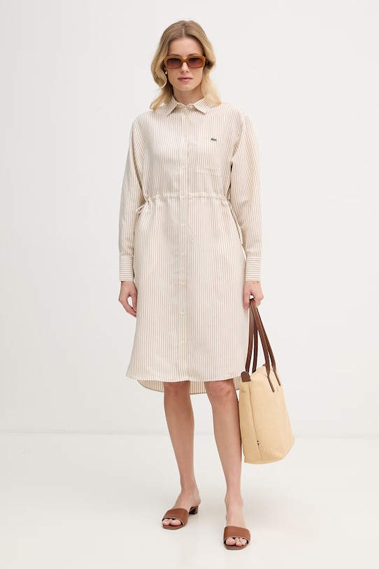 Lacoste košeľové šaty s ľanom EF7604 béžová SS26