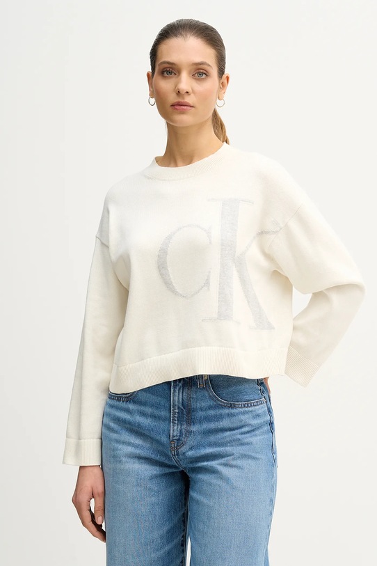 Calvin Klein Jeans sweter bawełniany aplikacja beżowy LV047E304G