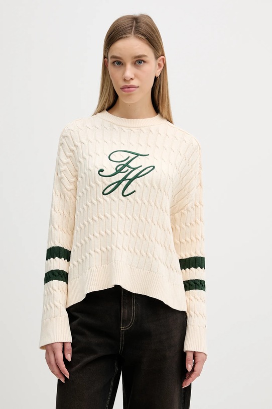 Tommy Hilfiger sweter bawełniany aplikacja beżowy WW0WW47633