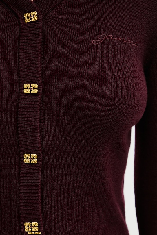 GANNI kardigan wełniany A1070117 bordowy A1070117