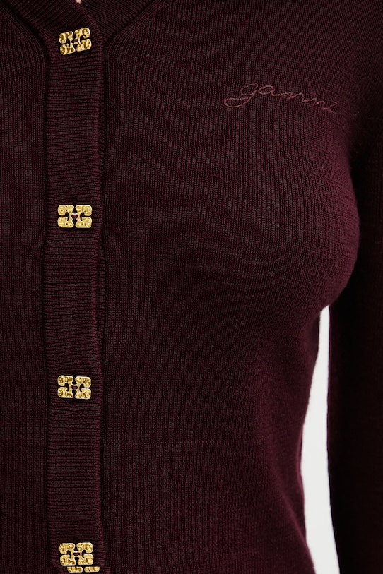 GANNI kardigan wełniany A1070117 bordowy A1070117