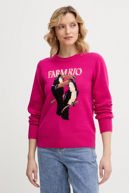 Farm Rio sweter z dodatkiem wełny okrągły różowy 352085