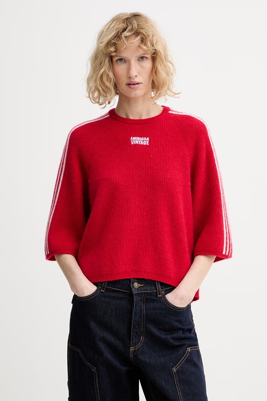 American Vintage sweter z domieszką alpaki okrągły czerwony VITO18N