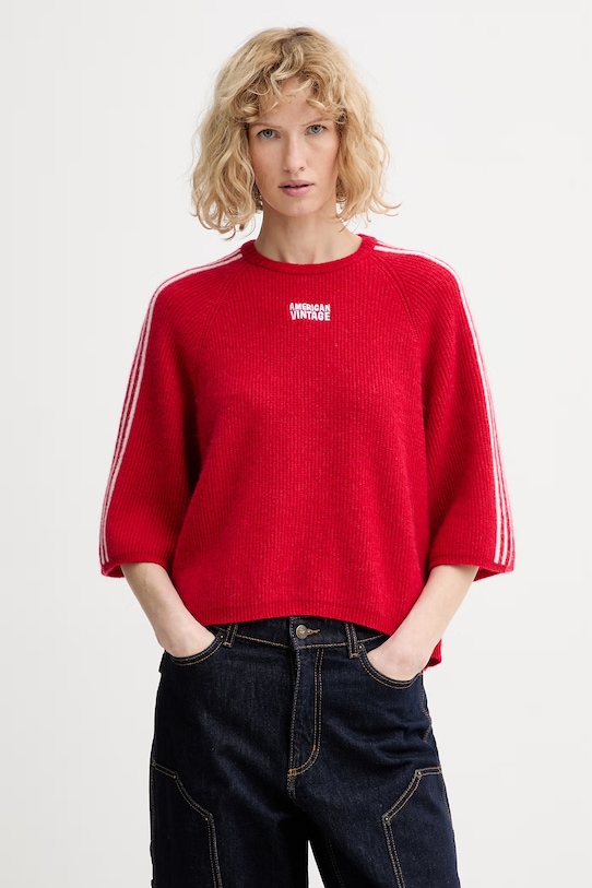 American Vintage sweter z domieszką alpaki okrągły czerwony VITO18N