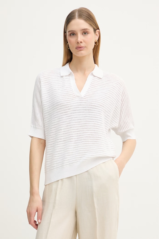 United Colors of Benetton polo damskie z lnem biały 1DC3D301N