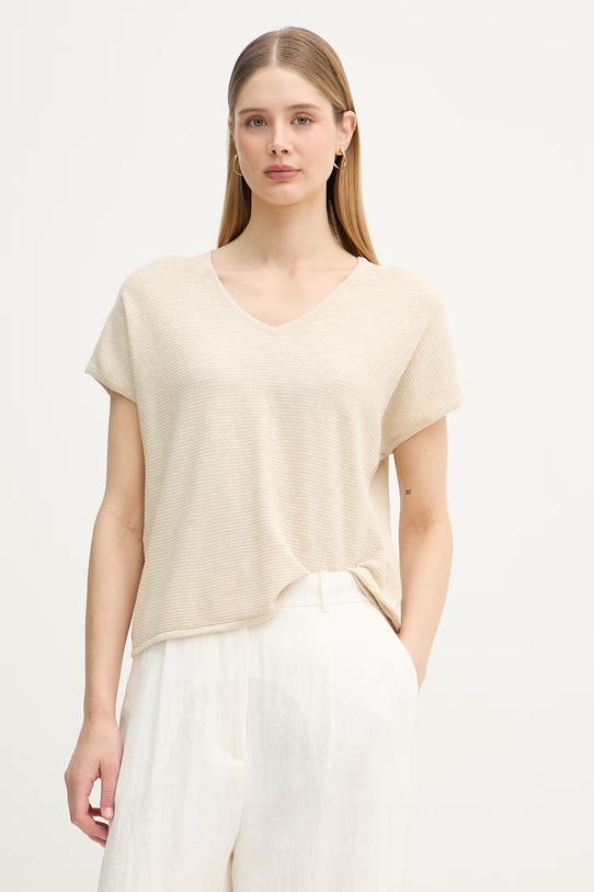 United Colors of Benetton T-shirt damski z lnem beżowy 1DC3D403T