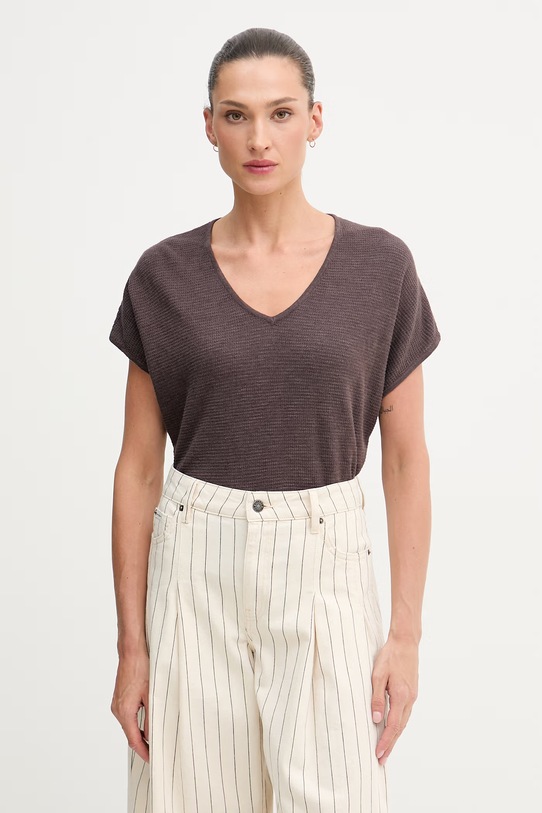 United Colors of Benetton T-shirt damski z lnem brązowy 1DC3D403T