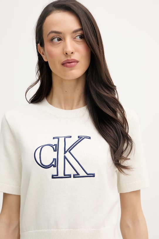 Calvin Klein Jeans тениска тип пуловер дамска от памук бежов LV047F356G