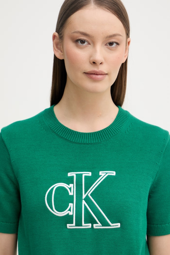 Calvin Klein Jeans тениска тип пуловер дамска от памук зелен LV047F356G