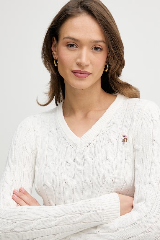 U.S. Polo Assn. sweter bawełniany V-NECK CABLE beżowy WUP0397