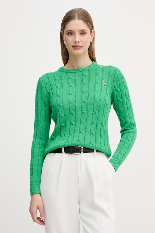 U.S. Polo Assn. sweter damski bawełniany CREW NECK CABLE zielony WUP0398