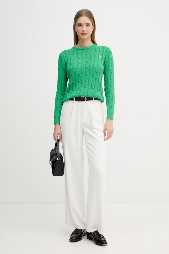 U.S. Polo Assn. sweter damski bawełniany CREW NECK CABLE WUP0398 zielony SS26