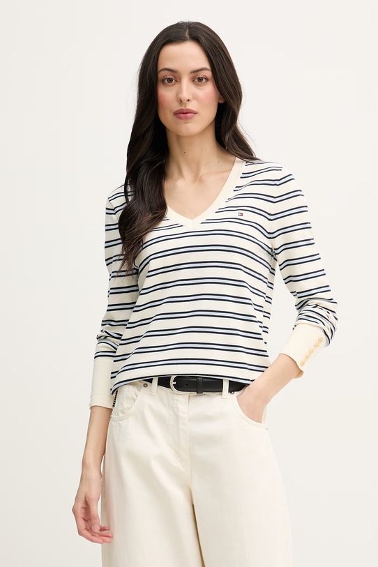 Tommy Hilfiger pulover ženski z bombažem bež WW0WW40098.