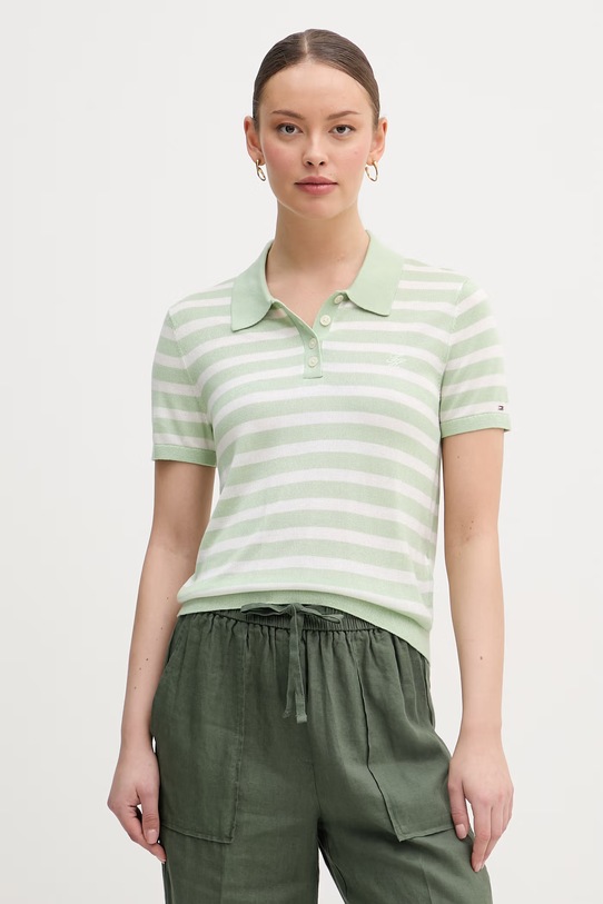 Tommy Hilfiger pletena polo majica ženska s dodatkom svile zelena WW0WW48503