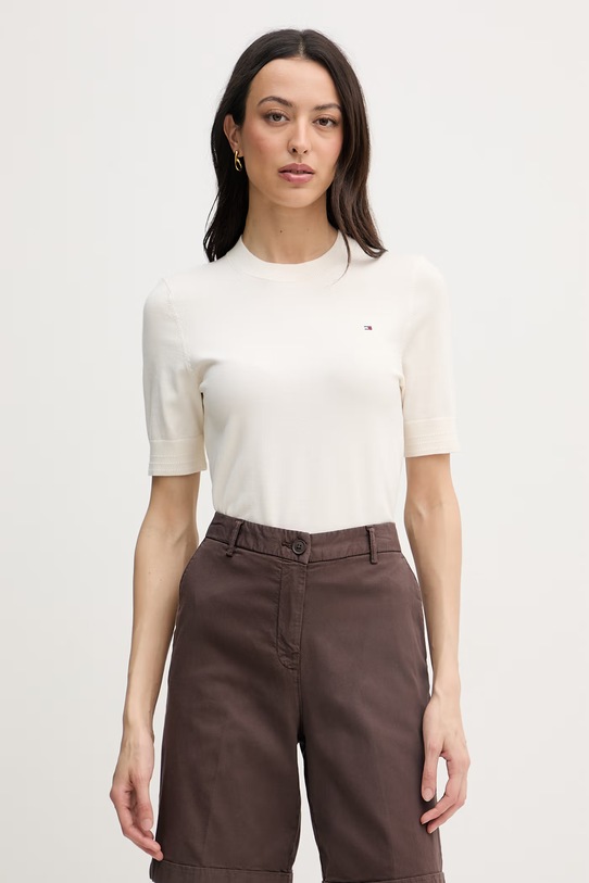 Tommy Hilfiger тениска тип пуловер дамска с памук бежов WW0WW49705