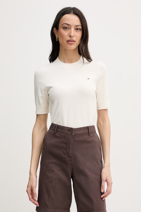 Tommy Hilfiger pletena majica kratkih rukava ženska s pamukom bež WW0WW49705