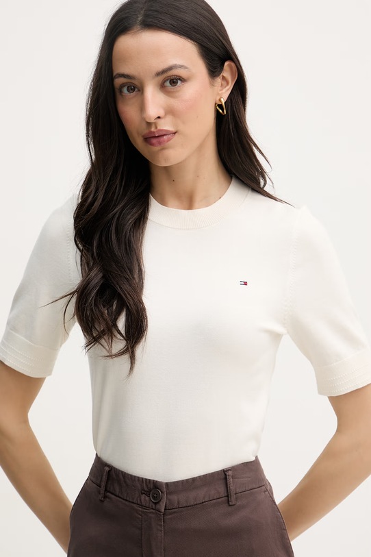 Tommy Hilfiger тениска тип пуловер дамска с памук бежов WW0WW49705