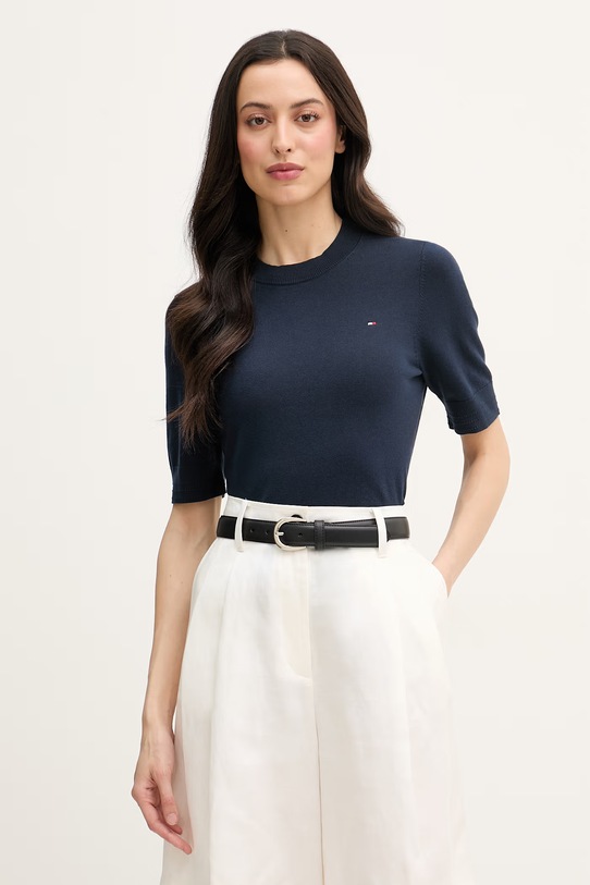 Tommy Hilfiger pletena majica ženska z bombažem mornarsko modra WW0WW49705