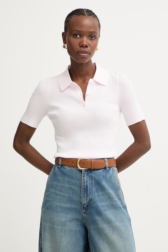 BOSS polo damskie z wiskozy Feskus różowy 50563150