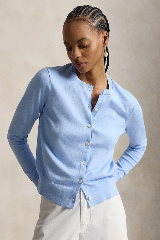 Polo Ralph Lauren PIMA COTTON-LSL-CRD светр на застібці з бавовною жіночий блакитний 211971871504