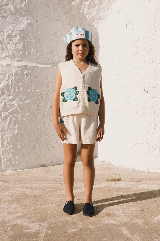 Tinycottons kamizelka bawełniana dziecięca FLOWERS KNITTED VEST SS26.405 beżowy