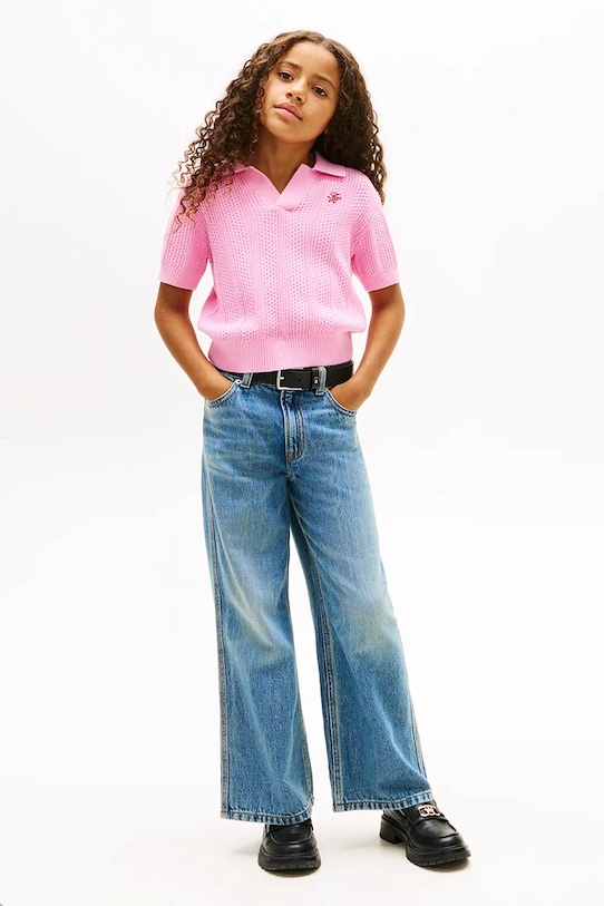 Dievča Tommy Hilfiger sveter s krátkym rukávom detský bavlnený KG0KG09524.104.122.PPY2 ružová