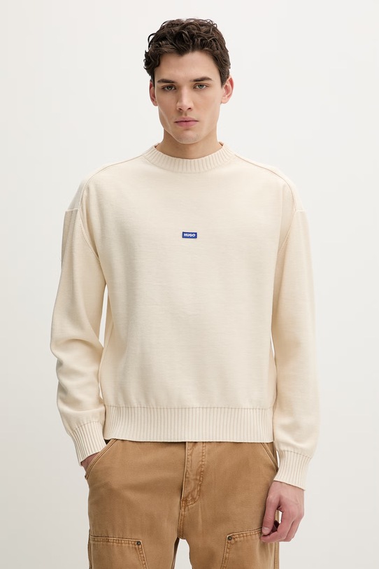 Hugo Blue sweter bawełniany San Casey-C1 bawełna beżowy 50553601
