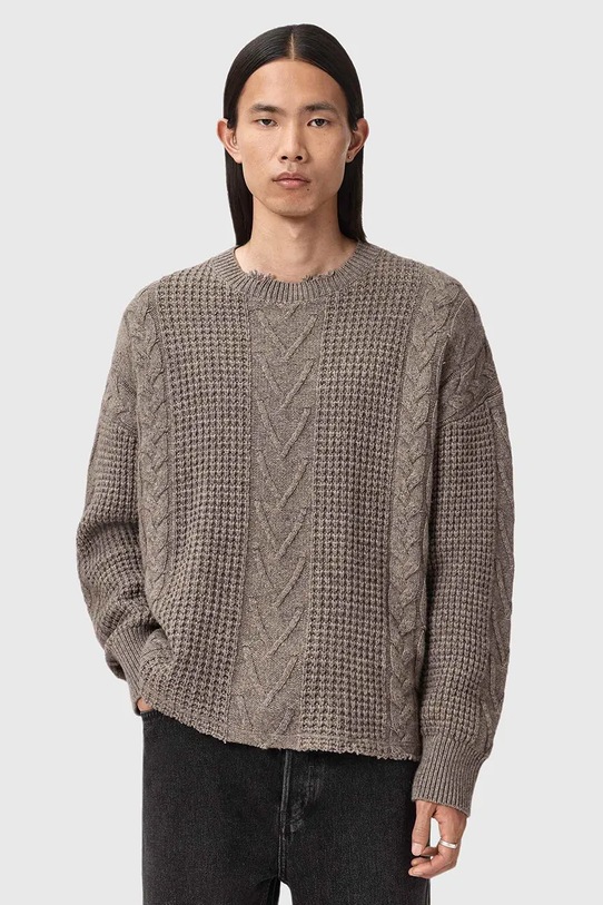 AllSaints sweter z dodatkiem wełny okrągły beżowy M031KD