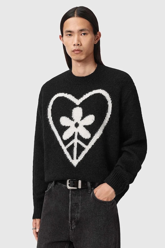 AllSaints sweter z dodatkiem wełny okrągły czarny M042KD