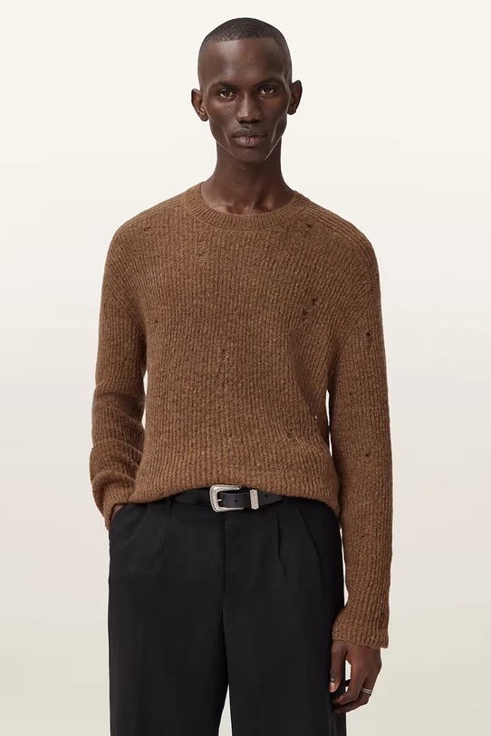 AllSaints sweter z dodatkiem wełny okrągły brązowy M028KD