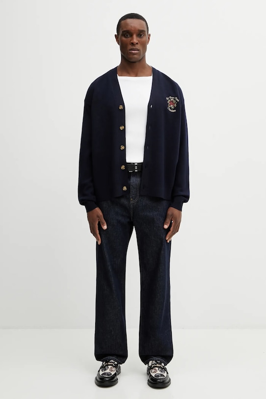 Vuneni kardigan Drôle de Monsieur Le Cardigan Slogan Rose I.CA166.WO007.NY mornarsko plava