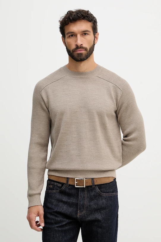 Armani Exchange sweter z dodatkiem wełny okrągły beżowy XM002825.AF10348