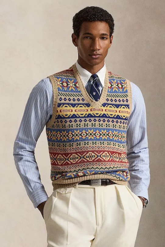 Polo Ralph Lauren γιλέκο ανδρικό με λινό καφέ 710A12803