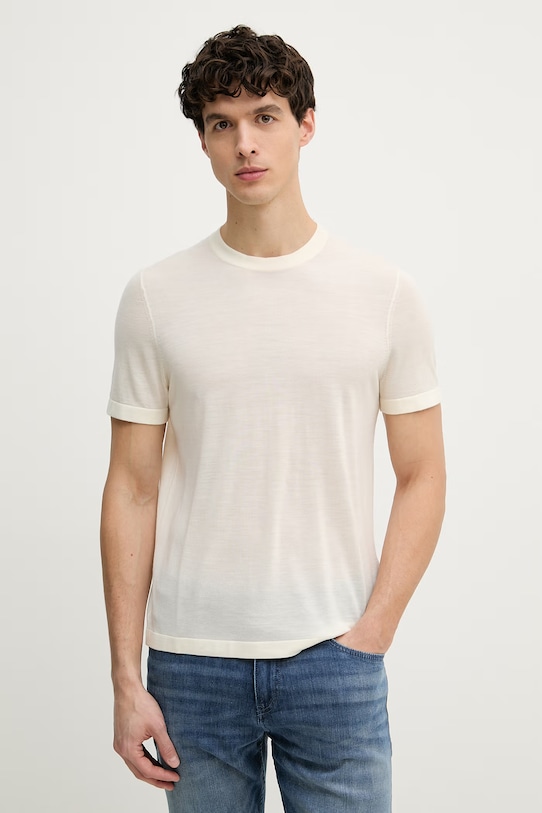 BOSS t-shirt swetrowy męski wełniany BOSS X DAVID BECKHAM beżowy 50563603