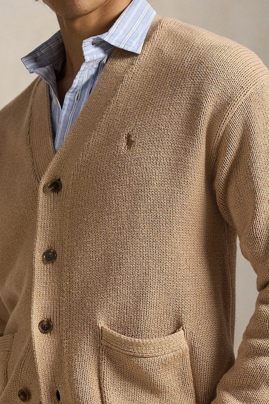 Polo Ralph Lauren kardigan bawełniany COTTON-SWEATER-CARDIGAN brązowy 710B13887003