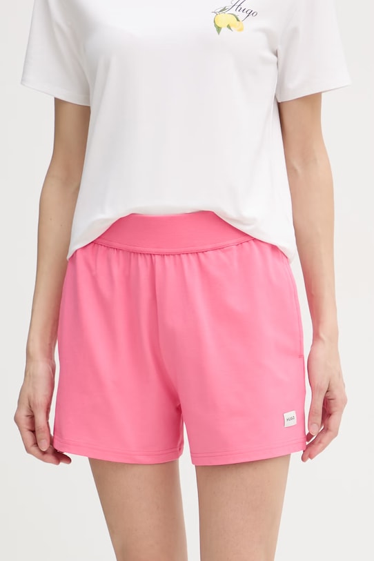 HUGO къс панталон дамски с памук SIGNATURE_SHORT розов 50556815