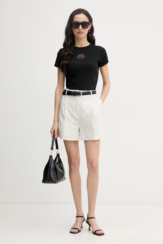 Calvin Klein Jeans kratke hlače ženske z dodatkom lanu LV047F632G bež SS26