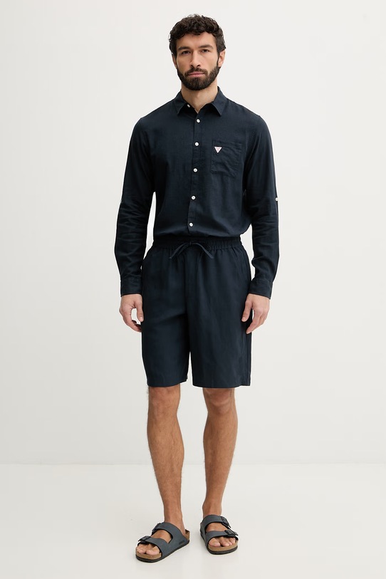 Guess kratke hlače moške z lanom F6GD01.WN202 mornarsko modra SS26