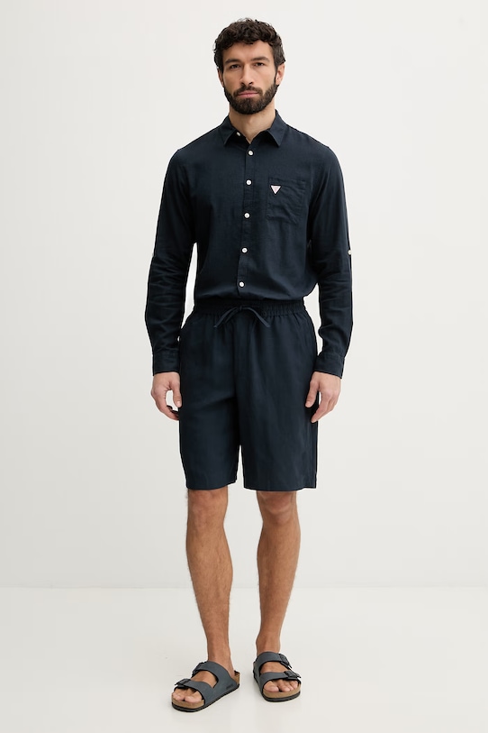 Guess kratke hlače moške z lanom F6GD01.WN202 mornarsko modra SS26